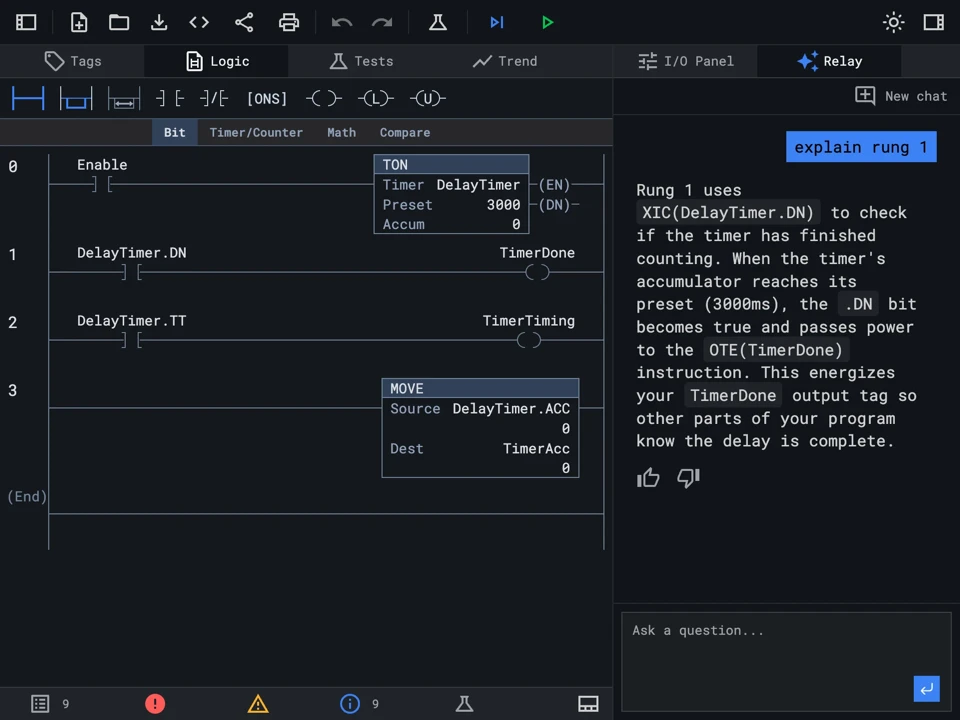 Relay AI assistant explaining a TON timer rung in Ladder Logic — DelayTimer.DN driving a TimerDone output — inside the Rungs Studio online PLC simulator