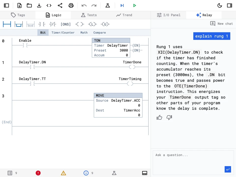 Relay AI assistant explaining a TON timer rung in Ladder Logic — DelayTimer.DN driving a TimerDone output — inside the Rungs Studio online PLC simulator