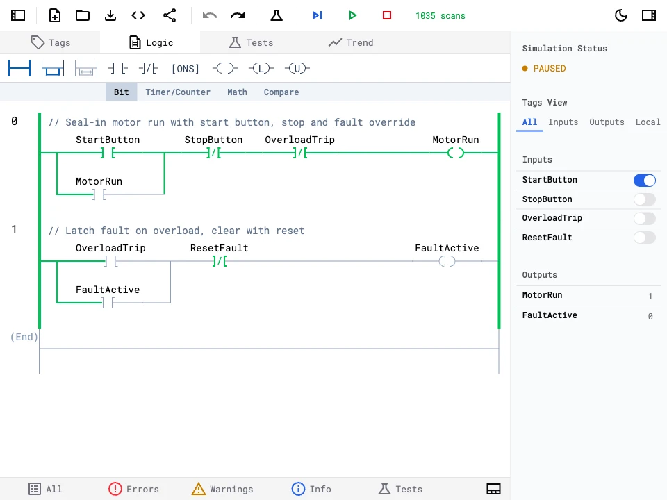 Simulation running with live tag values showing FillCmd active, Level at 100, and HighAlarm triggered