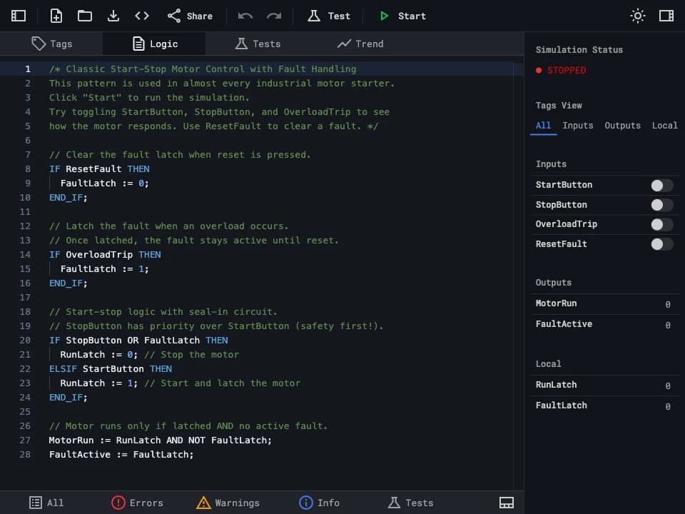 Structured text editor showing a MotorControl AOI with IF/THEN logic for motor start, stop, and fault handling