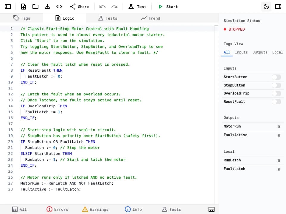 Structured text editor showing a MotorControl AOI with IF/THEN logic for motor start, stop, and fault handling