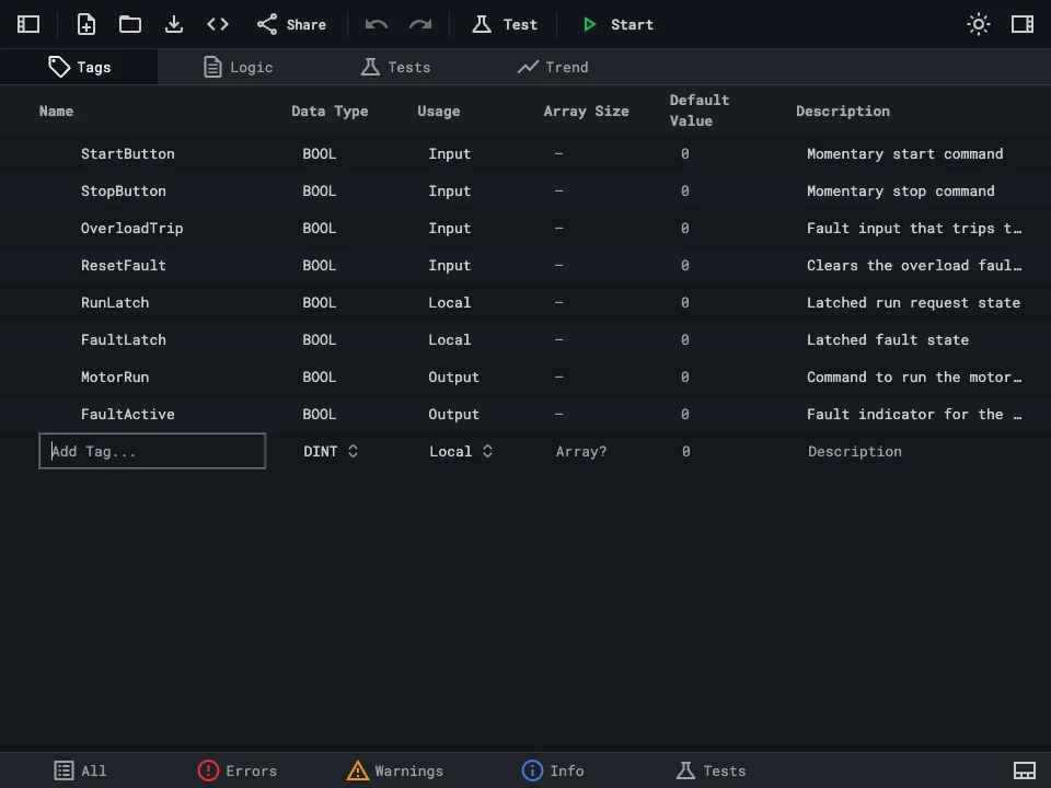 Tag editor table showing tag definitions with columns for name, data type, usage, array size, default value, and description