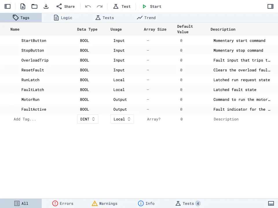 Tag editor table showing tag definitions with columns for name, data type, usage, array size, default value, and description