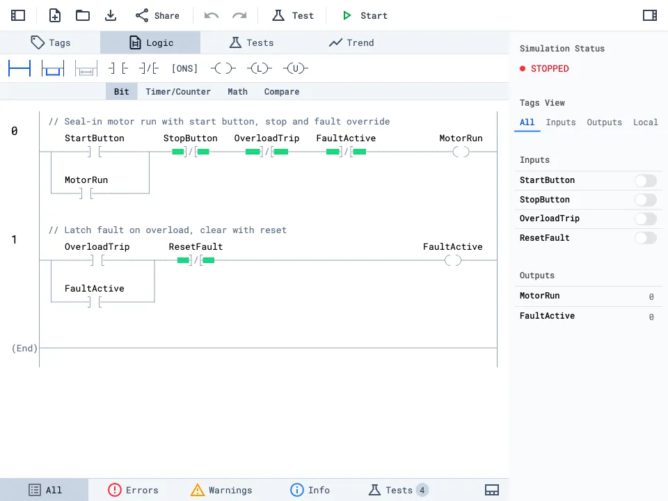 Ladder logic editor showing rungs with XIC, XIO, OTE instructions and branches in a MotorControl AOI