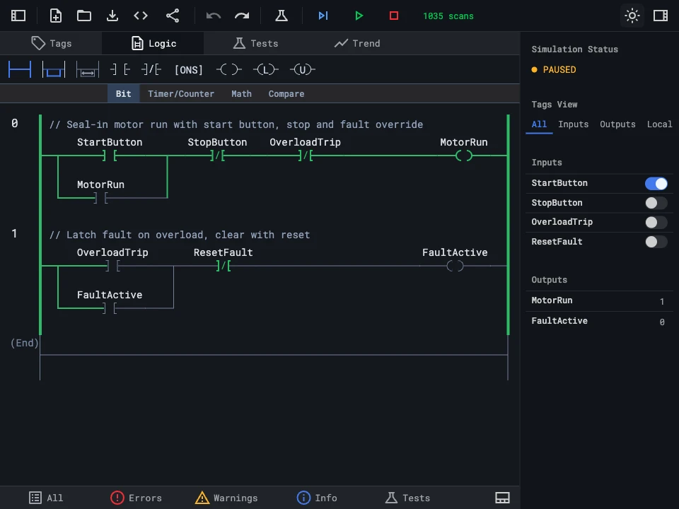 Simulation running with live tag values showing FillCmd active, Level at 100, and HighAlarm triggered