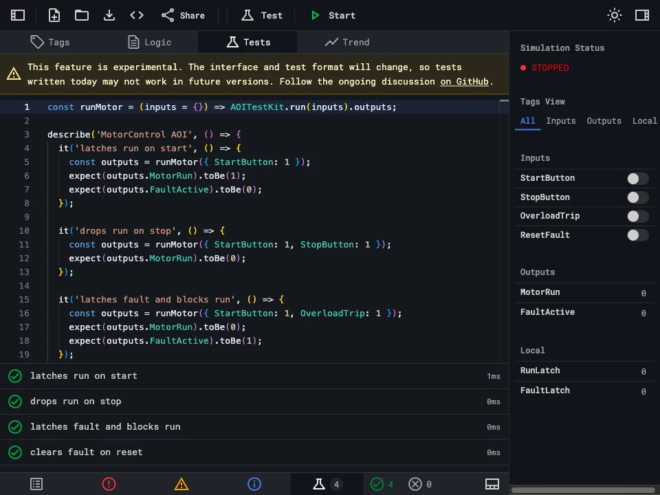 Test runner showing four passing tests for MotorControl AOI including start, stop, fault, and reset scenarios