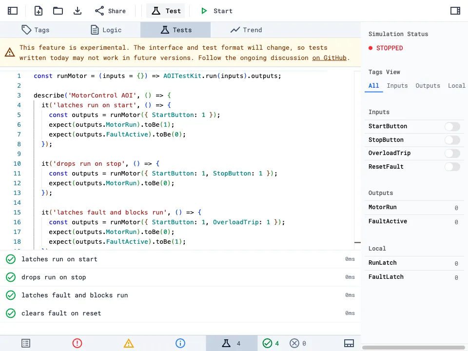 Test runner showing four passing tests for MotorControl AOI including start, stop, fault, and reset scenarios